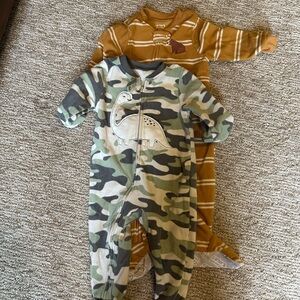 Carter's Green Camo Dinosaur and Brown Striped Footies